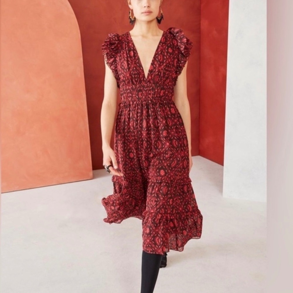 Ulla Johnson Anika Fuchsia Floral Ruffle Silk Midi‎ Dress SZ 2 Romantic Feminine